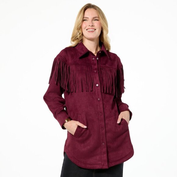 DG2 by Diane Gilman Car Coat Size Medium Faux Suede Fringe Long Sleeve Wine NEW - Picture 1 of 10